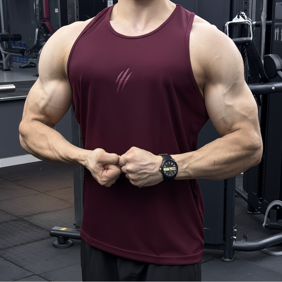 A muscular man in a gym wearing a sleeveless athletic tank top in deep burgundy with a small white claw-like logo on the chest. The background shows gym equipment.